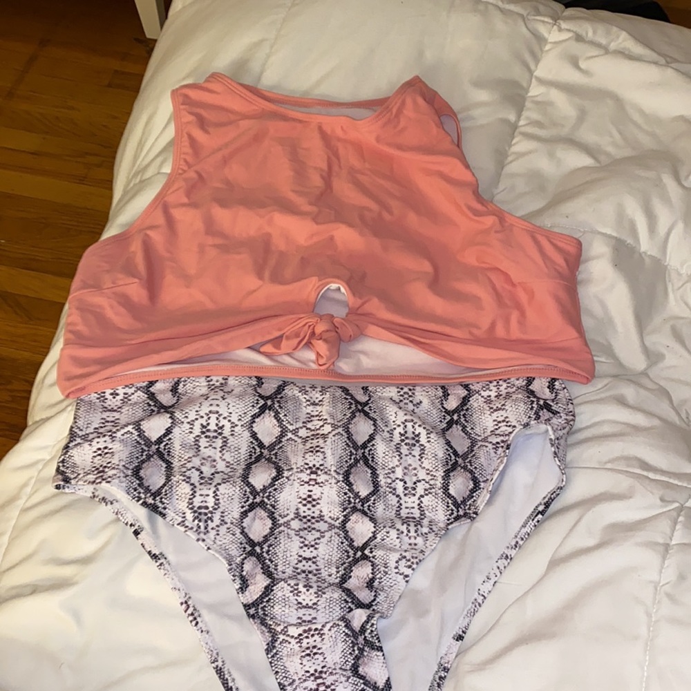 Snake skin bottoms and pink full coverage top set